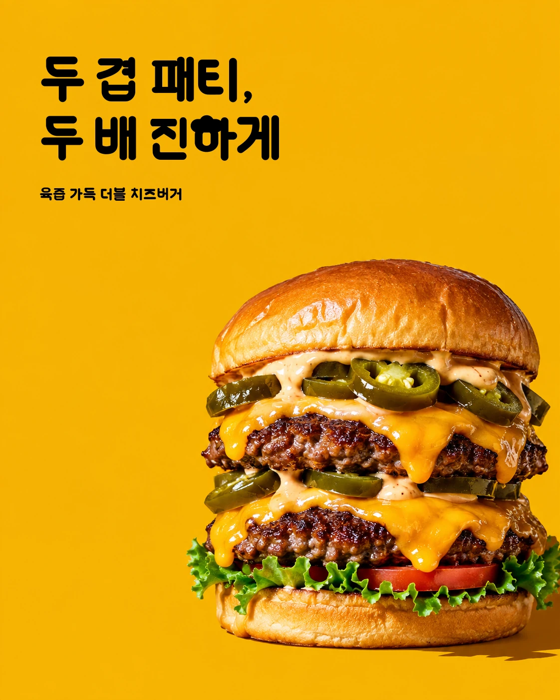 나는야 핵인싸체 글꼴로 만든 더블 치즈버거 포스터 샘플 — "두 겹 패티, 두 배 진하게"