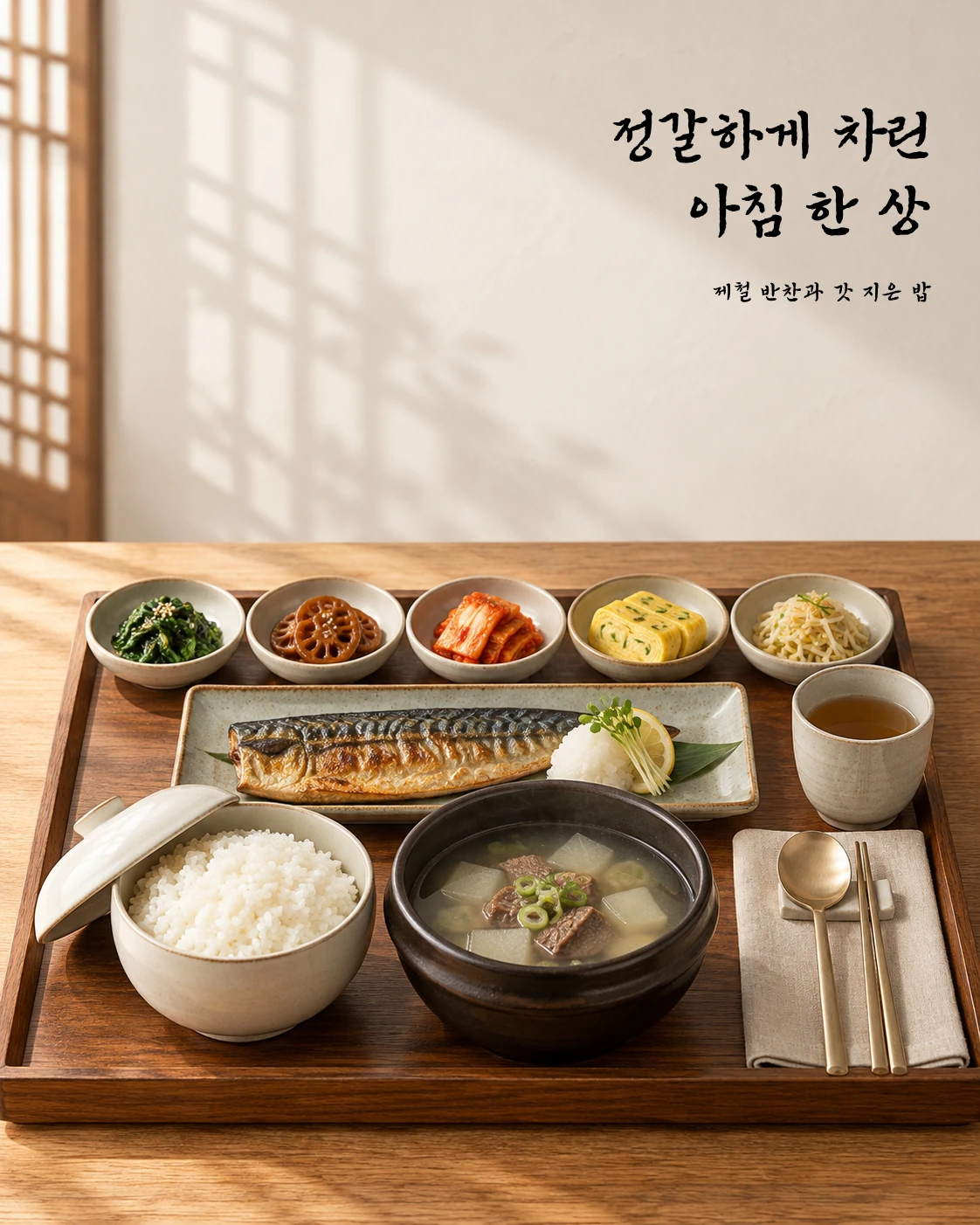 영양군 음식디미방체 글꼴로 만든 정갈한 한식 밥상 포스터 샘플 — "정갈하게 차린 아침 한 상"