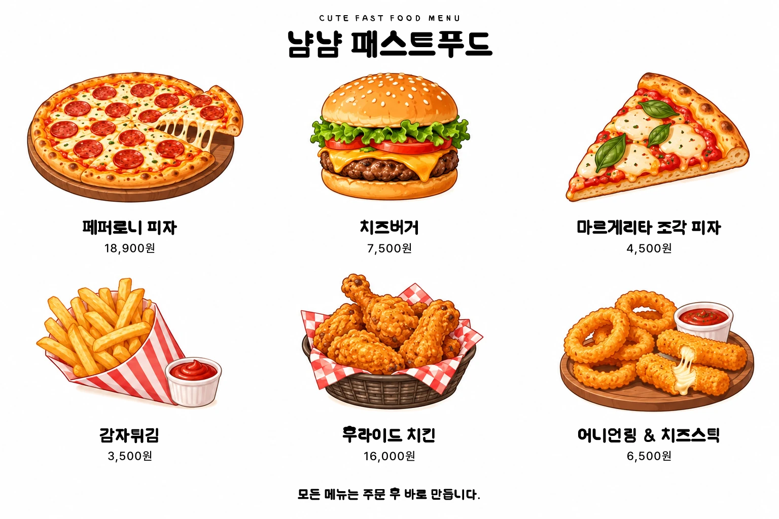 나는야 핵인싸체 글꼴로 만든 패스트푸드 메뉴판 샘플 — "냠냠 패스트푸드", 페퍼로니 피자·치즈버거·마르게리타 조각 피자